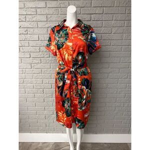 Signature Collection Women Orange Tropical  Print Shirt Dress Size L